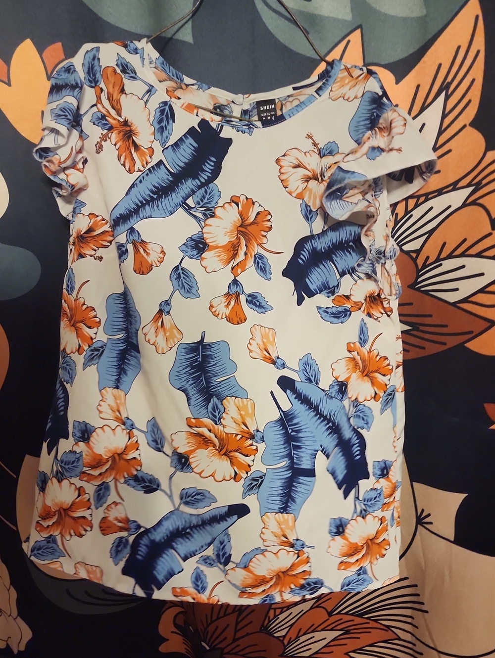 SHEIN Cream Blouse with Blue & Orange Floral Print